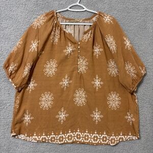 Women's XXL Boho Peasant Blouse Brown Ethnic Print Short Sleeve Relaxed Fit